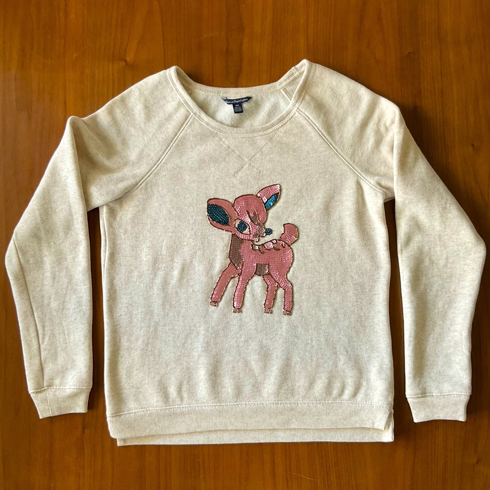 Ladies Pink Sequin Bambi Crewneck Sweater Size M Disney